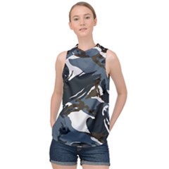 Blue Winter Camouflage, Military Camouflage High Neck Satin Top