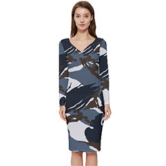 Blue Winter Camouflage, Military Camouflage Long Sleeve V-neck Bodycon Dress 