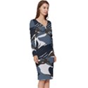 Blue Winter Camouflage, Military Camouflage Long Sleeve V-Neck Bodycon Dress  View3
