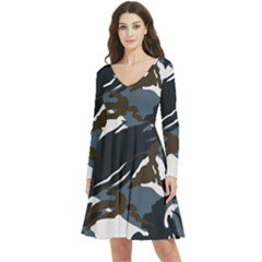 Blue Winter Camouflage, Military Camouflage Long Sleeve V-neck Skater Dress With Pockets