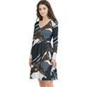 Blue Winter Camouflage, Military Camouflage Long Sleeve V-neck skater dress with Pockets View2