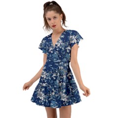 Blue, Camouflage, Cool, Navy, New, Pattern Flutter Sleeve Wrap Dress