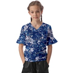 Blue, Camouflage, Cool, Navy, New, Pattern Kids  V-neck Horn Sleeve Blouse