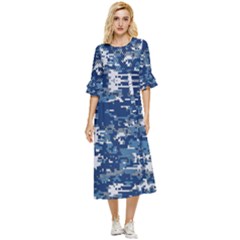 Blue, Camouflage, Cool, Navy, New, Pattern Double Cuff Midi Dress