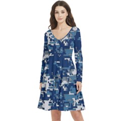 Blue, Camouflage, Cool, Navy, New, Pattern Long Sleeve V-neck Skater Dress With Pockets