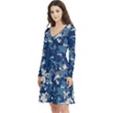 Blue, Camouflage, Cool, Navy, New, Pattern Long Sleeve V-neck skater dress with Pockets View2
