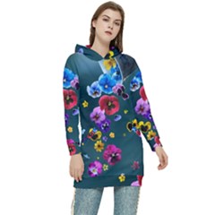 Falling Flowers, Art, Coffee Cup Women s Long Oversized Pullover Hoodie