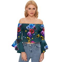Falling Flowers, Art, Coffee Cup Off Shoulder Flutter Bell Sleeve Top