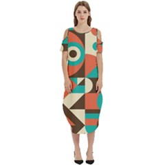 Retro Colorful Background, Retro Abstraction Cold Shoulder Loose Fit Dress With Pockets