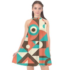 Retro Colorful Background, Retro Abstraction Halter Neckline Chiffon Dress 
