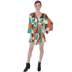 Retro Colorful Background, Retro Abstraction V-neck Flare Sleeve Mini Dress