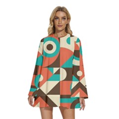 Retro Colorful Background, Retro Abstraction Round Neck Long Sleeve Bohemian Style Chiffon Mini Dress