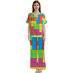 Tetris , Games, Rainbow Short Sleeve Long Pants Satin Pajamas Set