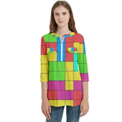 Tetris , Games, Rainbow Women s Zip Front V-neck 3/4 Sleeve Casual Top Pocket Shirt