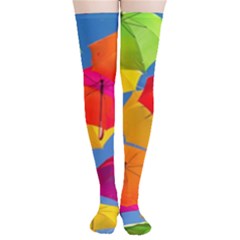 Umbrella, Colorful, Positive, Sky, Rainbow Thigh High Stockings