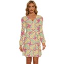 Abstract Pattern Design Scrapbooking Long Sleeve Waist Tie Ruffle Velvet Dress View1