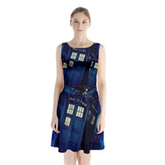 Tardis Doctor Who Space Galaxy Sleeveless Waist Tie Chiffon Dress
