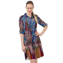 Castle Building Stained Glass Long Sleeve Mini Shirt Dress