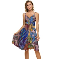 Castle Building Stained Glass Sleeveless Tie Front Chiffon Dress