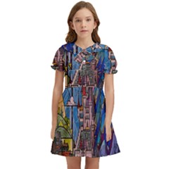 Castle Building Stained Glass Kids  Bow Tie Puff Sleeve Dress