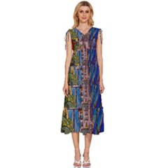Castle Building Stained Glass V-neck Drawstring Shoulder Sleeveless Maxi Dress