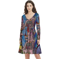 Castle Building Stained Glass Long Sleeve V-neck Skater Dress With Pockets