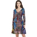Castle Building Stained Glass Long Sleeve V-neck skater dress with Pockets View1