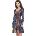 Castle Building Stained Glass Long Sleeve V-neck skater dress with Pockets View2