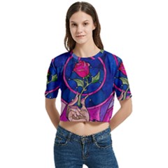 Enchanted Rose Stained Glass Women s Round Neck Short Sleeve Crop Top