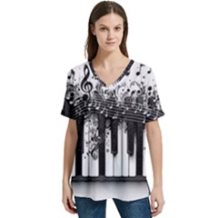 Piano Sounds V-neck Split Shoulder Casual T-shirt