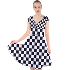 Pattern Checkered Squares Black White Pattern Cap Sleeve Front Wrap Midi Dress