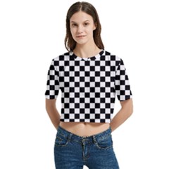 Pattern Checkered Squares Black White Pattern Women s Round Neck Short Sleeve Crop Top