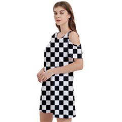 Pattern Checkered Squares Black White Pattern Women s Cold Shoulder Round Neck Mini Dress