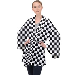 Pattern Checkered Squares Black White Pattern Long Sleeve Velvet Kimono 