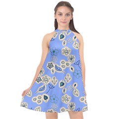 Abstract Pattern Halter Neckline Chiffon Dress 