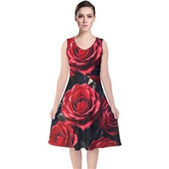 Red Roses V-neck Midi Sleeveless Dress 