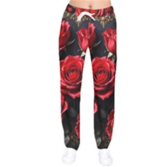 Red Roses Women Velvet Drawstring Pants