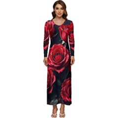 Red Roses Long Sleeve Longline Maxi Dress