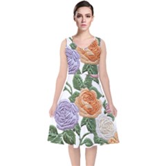 Embroidery Roses Floral Design V-neck Midi Sleeveless Dress 