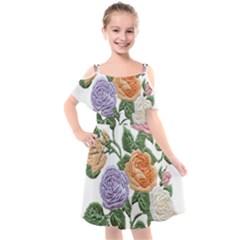 Embroidery Roses Floral Design Kids  Cut Out Shoulders Chiffon Dress
