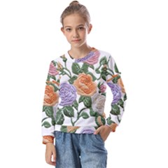 Embroidery Roses Floral Design Kids  Long Sleeve T-shirt With Frill 