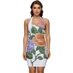 Embroidery Roses Floral Design Sleeveless Wide Square Neckline Ruched Bodycon Dress