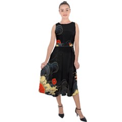 Korean Art Flowers Asian Pattern Midi Tie-back Chiffon Dress