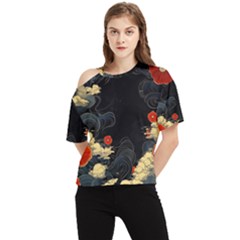 Korean Art Flowers Asian Pattern One Shoulder Cut Out T-shirt