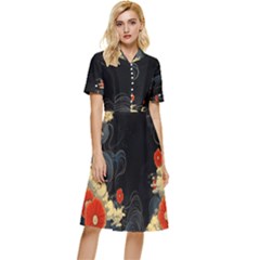 Korean Art Flowers Asian Pattern Button Top Knee Length Dress
