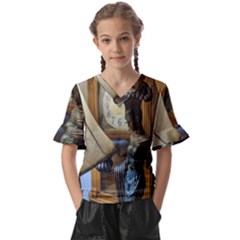 Erte Figurine And A Clock Kids  V-neck Horn Sleeve Blouse
