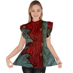 Birds Ruffle Collar Short Sleeve Chiffon Top