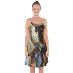 Clock And Lady Ruffle Detail Chiffon Dress