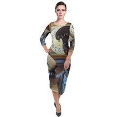 Clock And Lady Quarter Sleeve Midi Velour Bodycon Dress