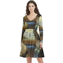 Clock And Lady Long Sleeve V-neck Skater Dress With Pockets